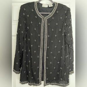 Beaded‎ Drama Black Silk Beaded Sequin Vintage 80s Cardigan XLarge